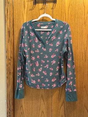 Sonoma Teal Long-Sleeve Floral Henley waffle knit  Top with Pink Roses